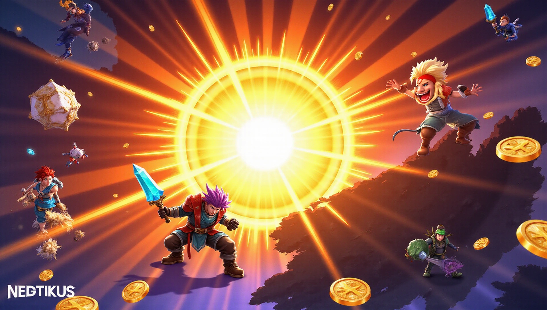 Scène de jeu dynamique avec des couleurs vives et contrastées