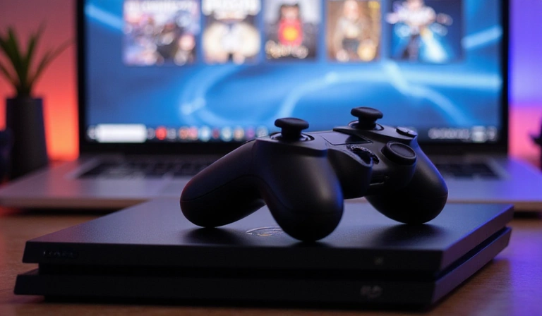 Image d'une manette PlayStation posée sur une console avec des jeux en arrière-plan