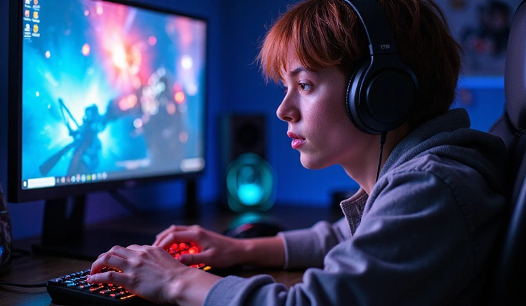 Image d'un joueur concentré sur un écran avec des éléments de jeu vidéo