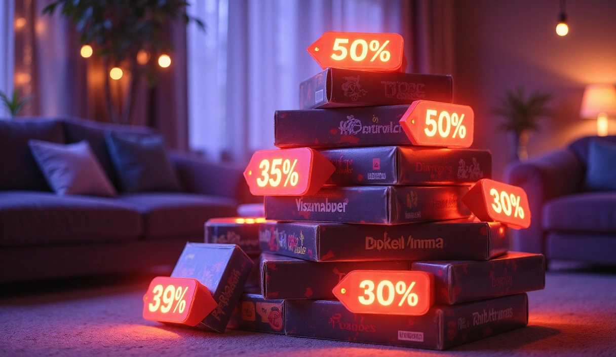 Image d'une pile de boîtes de jeux vidéo avec des symboles de réduction