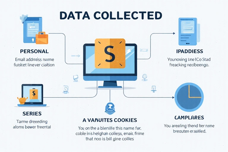 Illustration des données collectées, montrant des icônes de nom, email, adresse IP et cookies