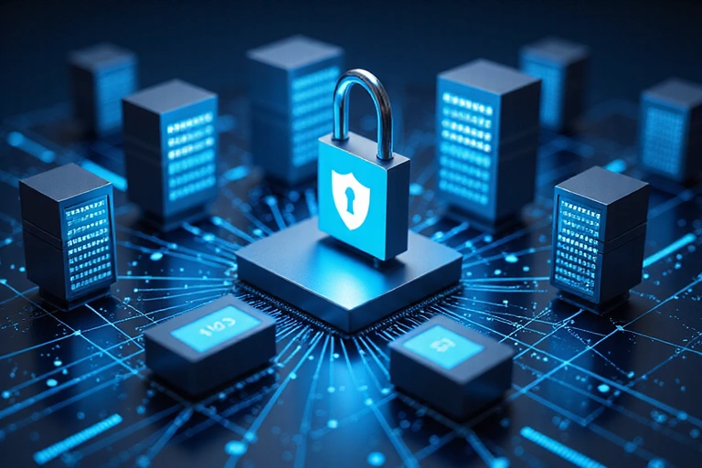 Illustration des mesures de sécurité des données, incluant un cadenas, un bouclier et des serveurs sécurisés