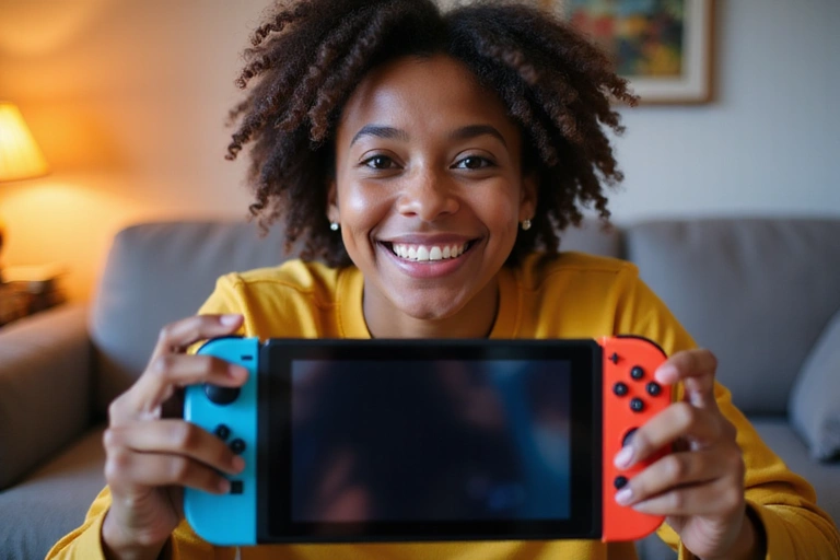 Personne joyeuse jouant à la Nintendo Switch avec un grand sourire