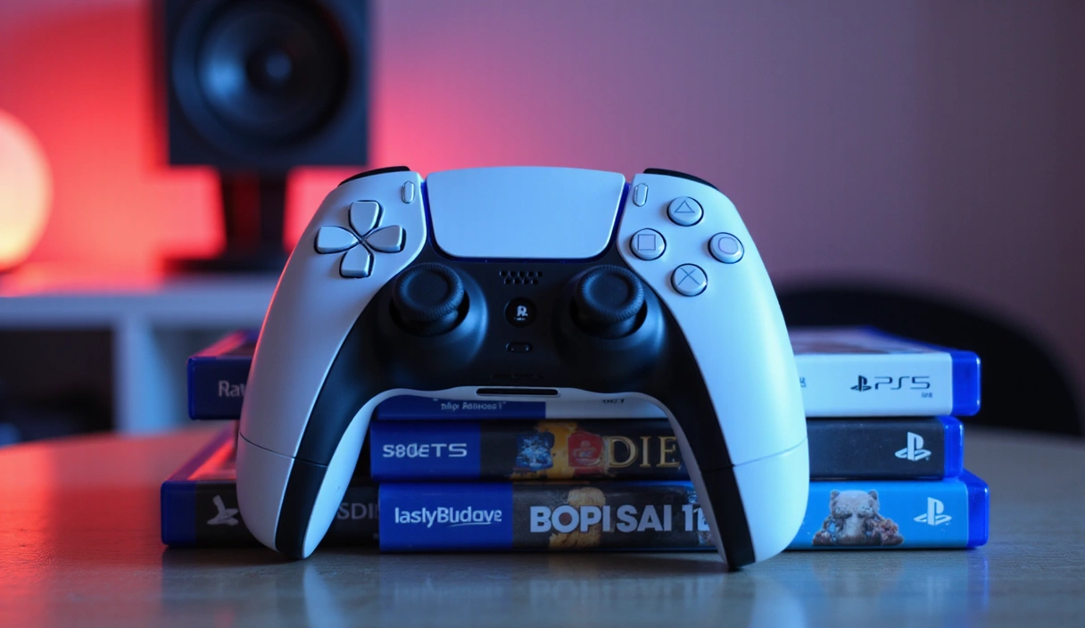 Manette PlayStation 5 et jeux empilés